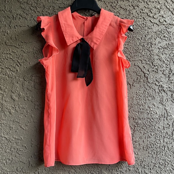 Ya Los Angeles Tops - Orange Sleeveless Top Semi Sheer Ruffle Shirt S